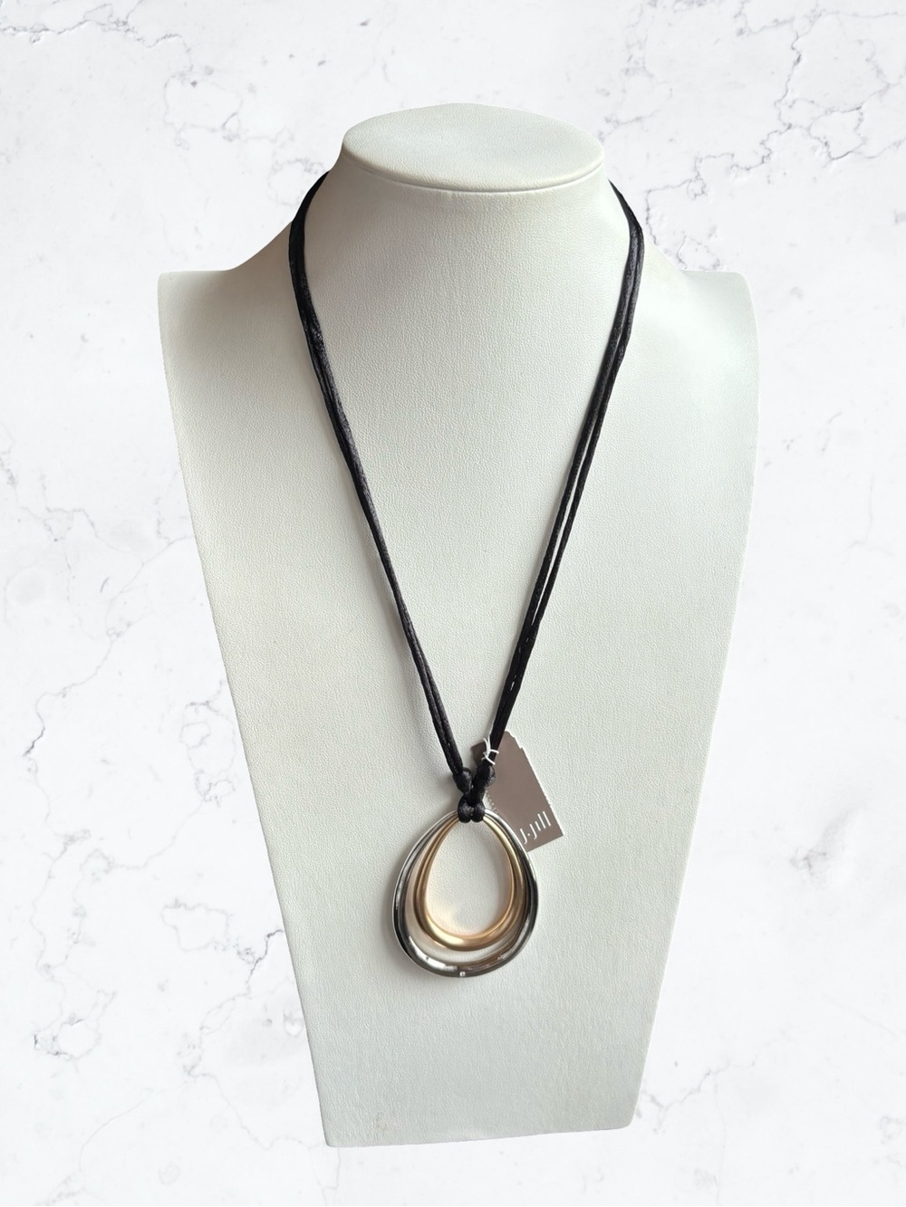 J. Jill Black Cord Layered Teardrop Necklace with Silver & Gold Rings
